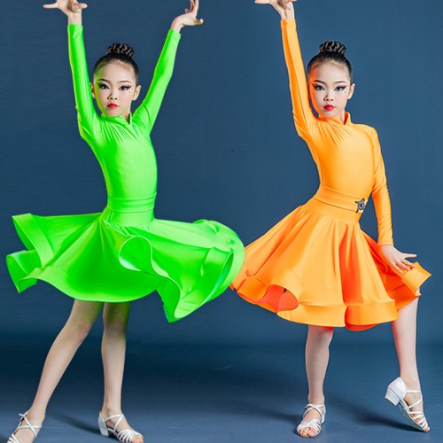 Girls kids green orange Professional Latin dance dresses children latin dance costume latin ballroom competition dance dresses